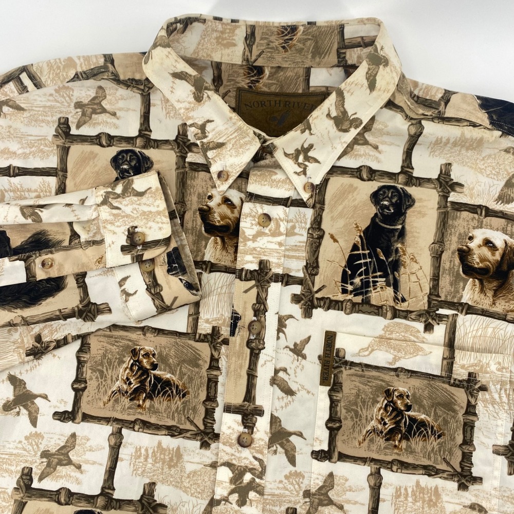 North River Outfitters Shirt Mens XL Beige Hunting Dog Lab Print Long Sleeve